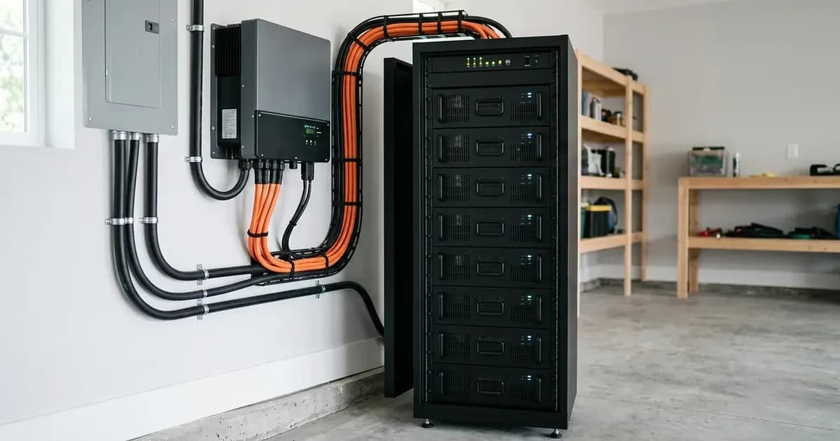 Modular high-voltage lithium battery storage rack wired to a solar inverter with heavy DC cables. — SolarNevs spec card