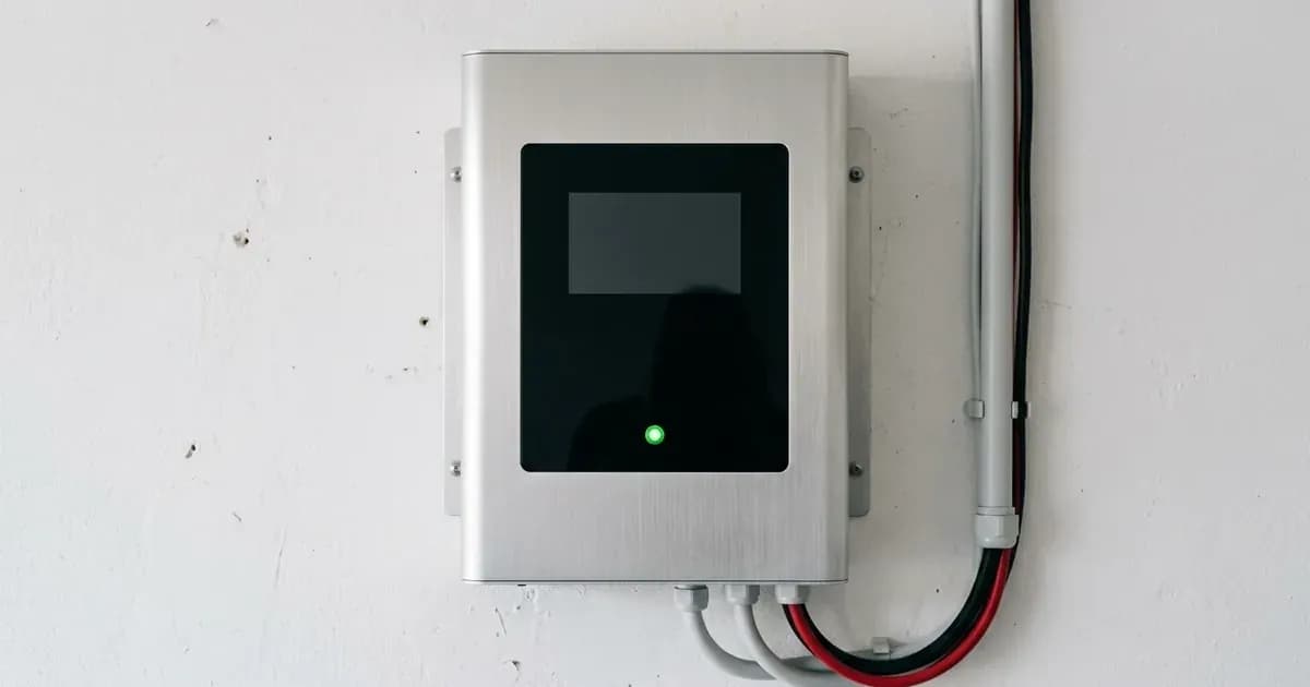 Wall-mounted solar inverter with illuminated green power LED operating on a white utility wall. — SolarNevs spec card