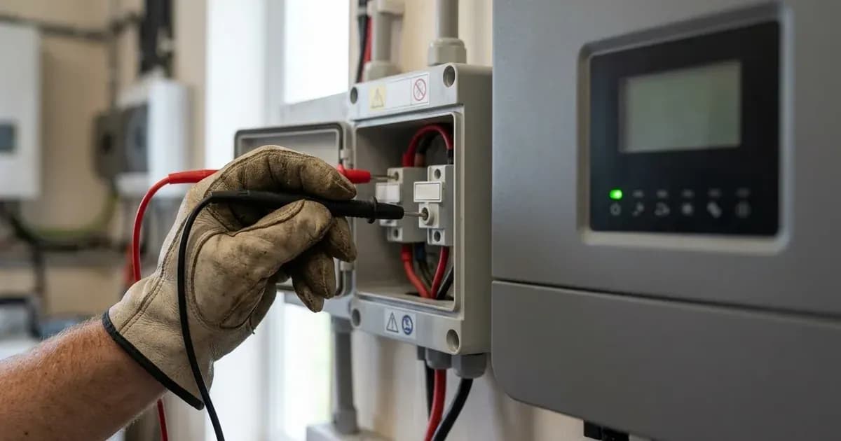 Electrician using a multimeter probe to test DC isolator terminals beside a solar inverter. — SolarNevs spec card
