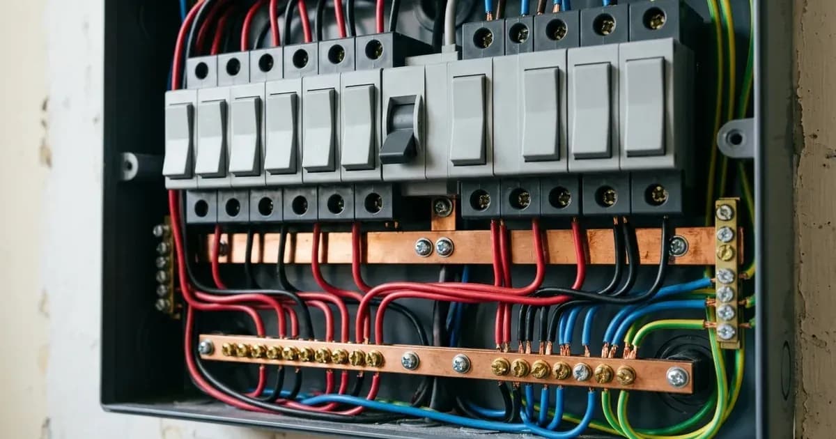 Open electrical consumer unit showing a tripped circuit breaker switch among unbranded modular breakers. — SolarNevs spec card