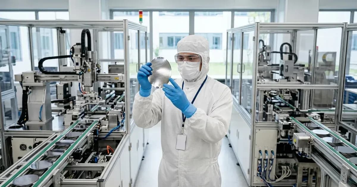 Cleanroom technician inspecting a silicon wafer in front of an automated photovoltaic production line. — SolarNevs spec card