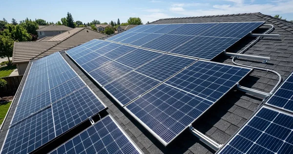 Residential rooftop solar panels absorbing direct midday sunlight on a tiled roof. — SolarNevs spec card