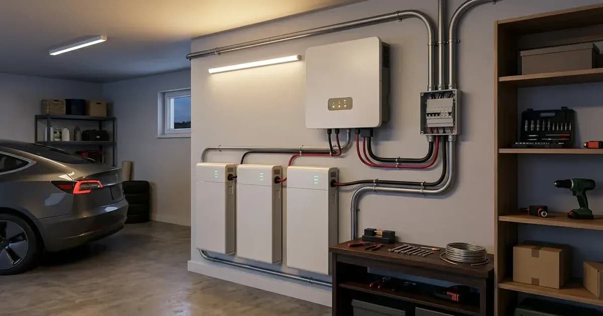 Wall-mounted residential battery storage modules and inverter installed in a home garage. — SolarNevs spec card