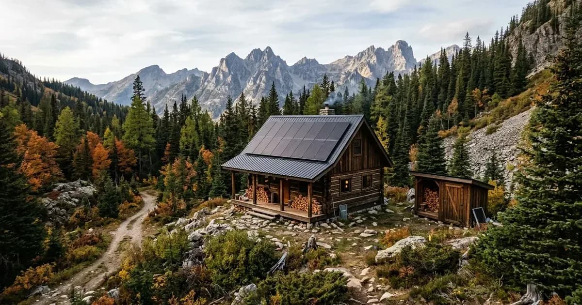Remote off-grid timber cabin in a mountain forest with rooftop solar panels and equipment shed. — SolarNevs spec card