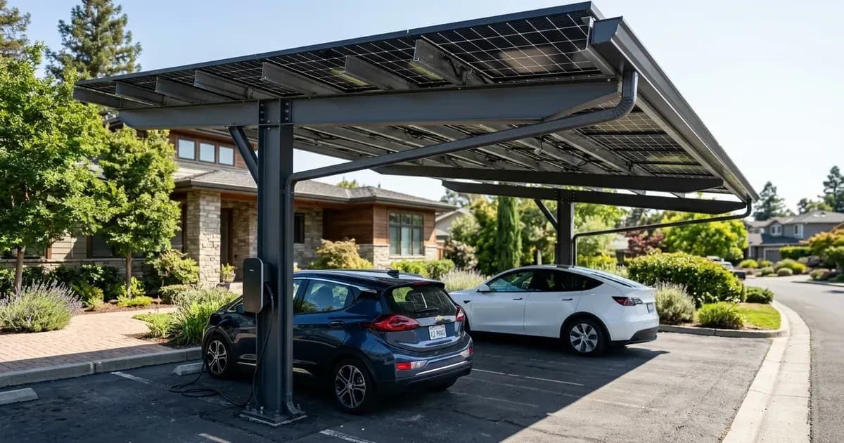 Modern residential solar carport canopy with angled solar panels over two parked electric vehicles in a driveway. — SolarNevs spec card