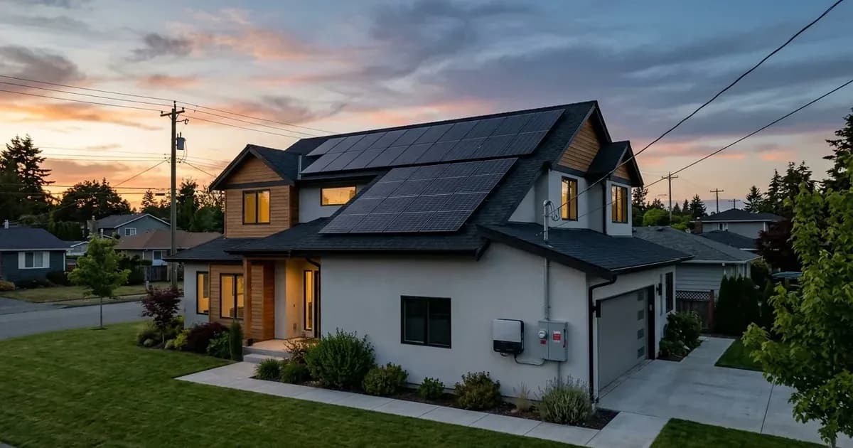 Grid-tied home with rooftop solar panels and utility line connection at dusk without an external battery unit. — SolarNevs spec card