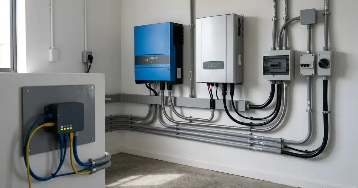 AC-coupled solar installation with wall-mounted hybrid inverter-charger, grid-tie inverter, and communication gateway. — SolarNevs spec card