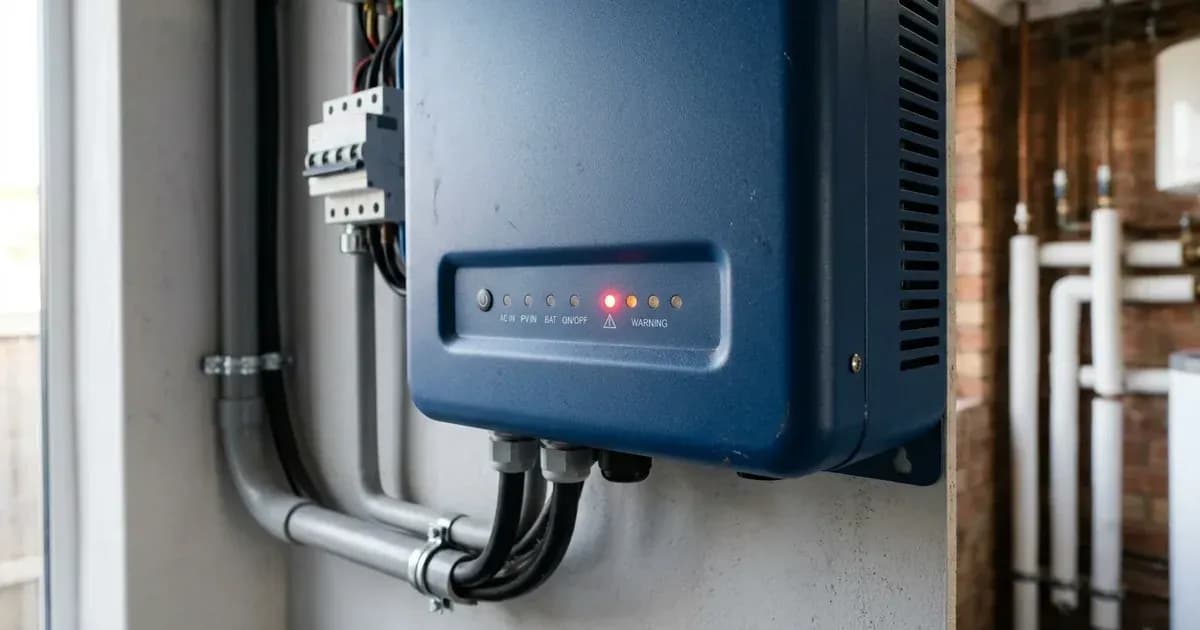 Wall-mounted solar hybrid inverter charger displaying an illuminated warning status LED in a utility room. — SolarNevs spec card