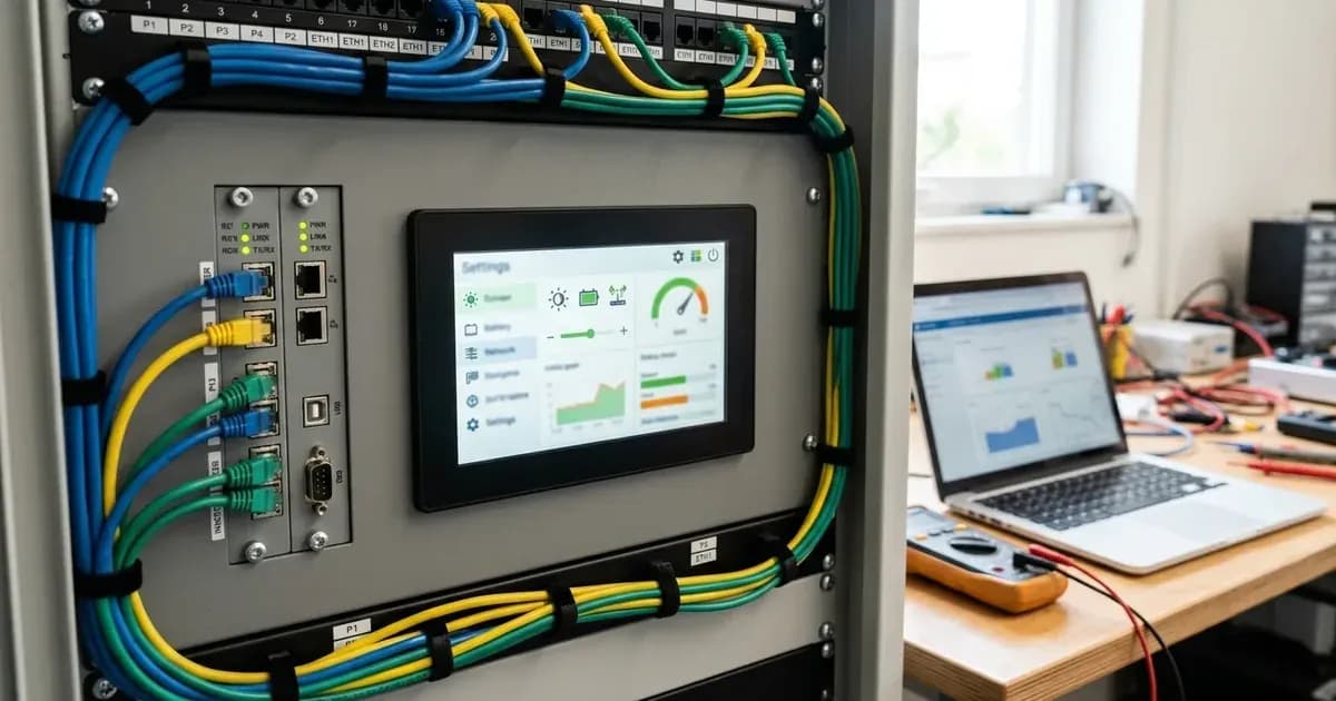 Touchscreen system control panel on a rack enclosure beside communication ports and laptop workstation. — SolarNevs spec card