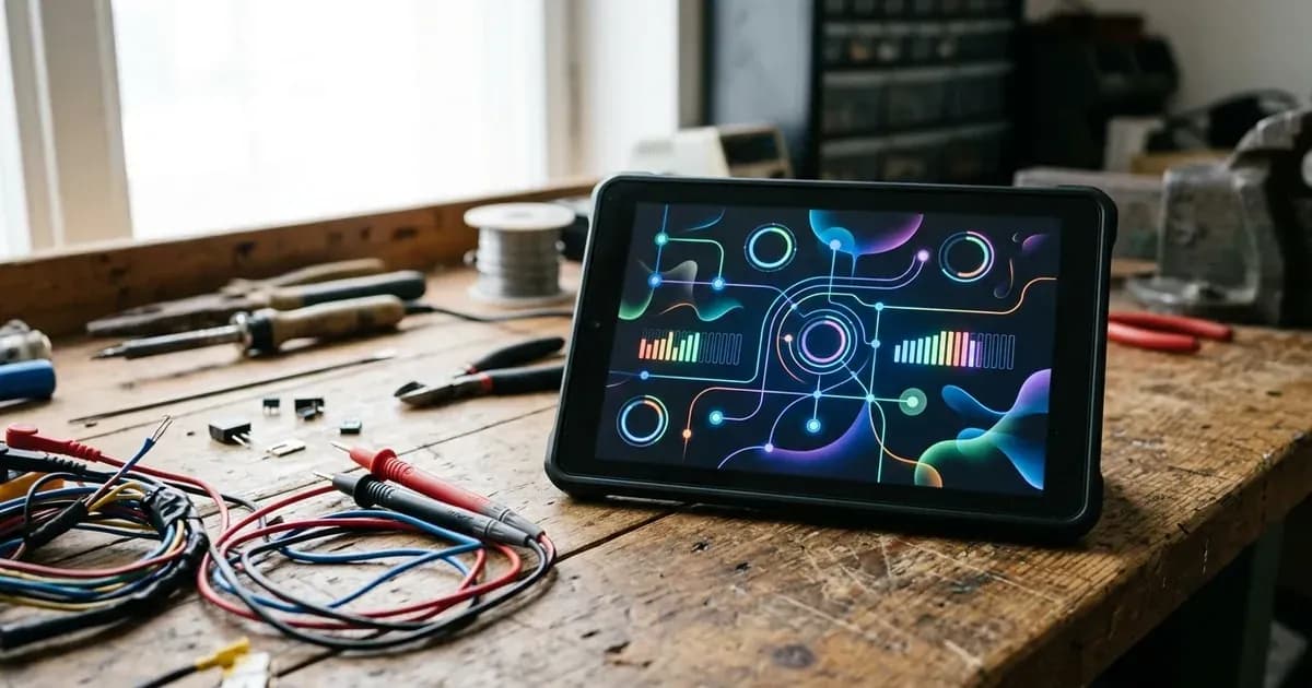 Tablet displaying colorful energy flow telemetry charts on a wooden workbench beside electrical test leads. — SolarNevs spec card