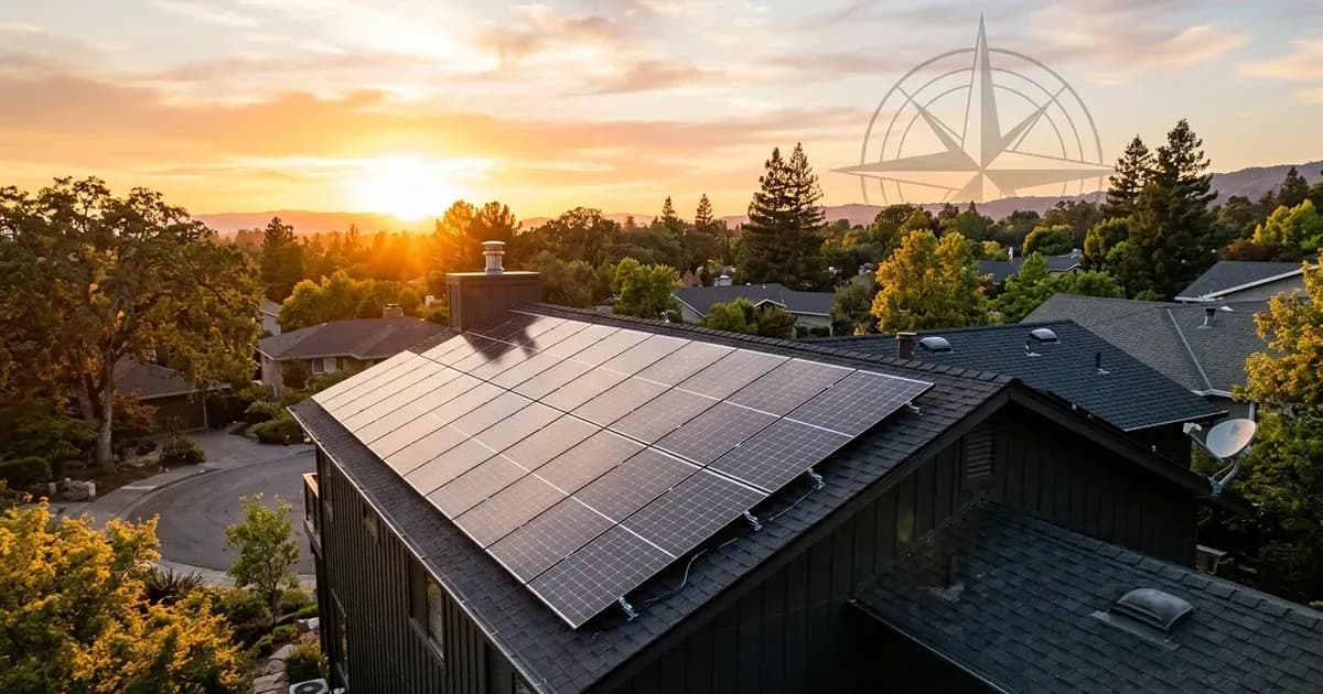 Rooftop solar panel array at golden hour under a setting sun with an overlaid compass rose graphic. — SolarNevs spec card