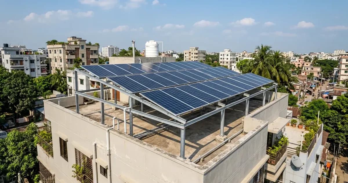 Elevated rooftop solar panel installation on galvanized frame under clear afternoon sky — SolarNevs spec card
