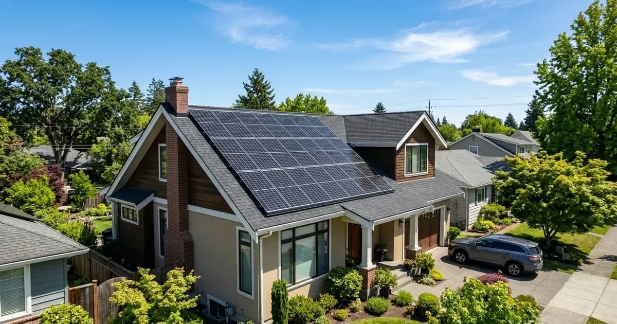 Suburban home rooftop featuring a clean solar panel installation under blue sky — SolarNevs spec card