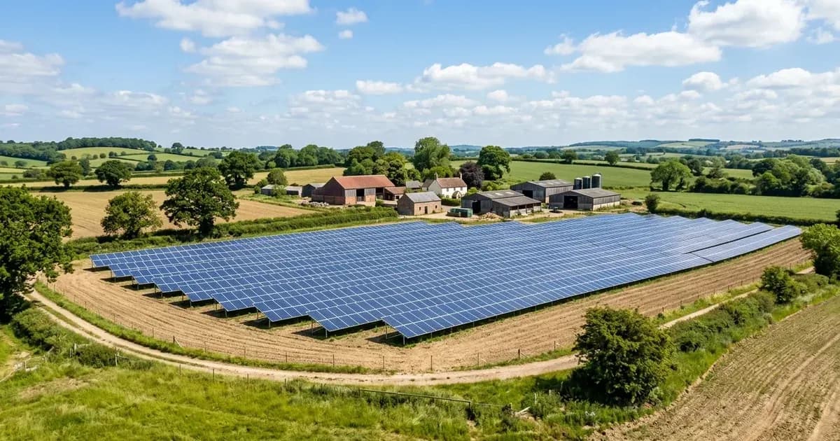 Ground-mounted solar panel array installed in a sunny agricultural field — SolarNevs spec card