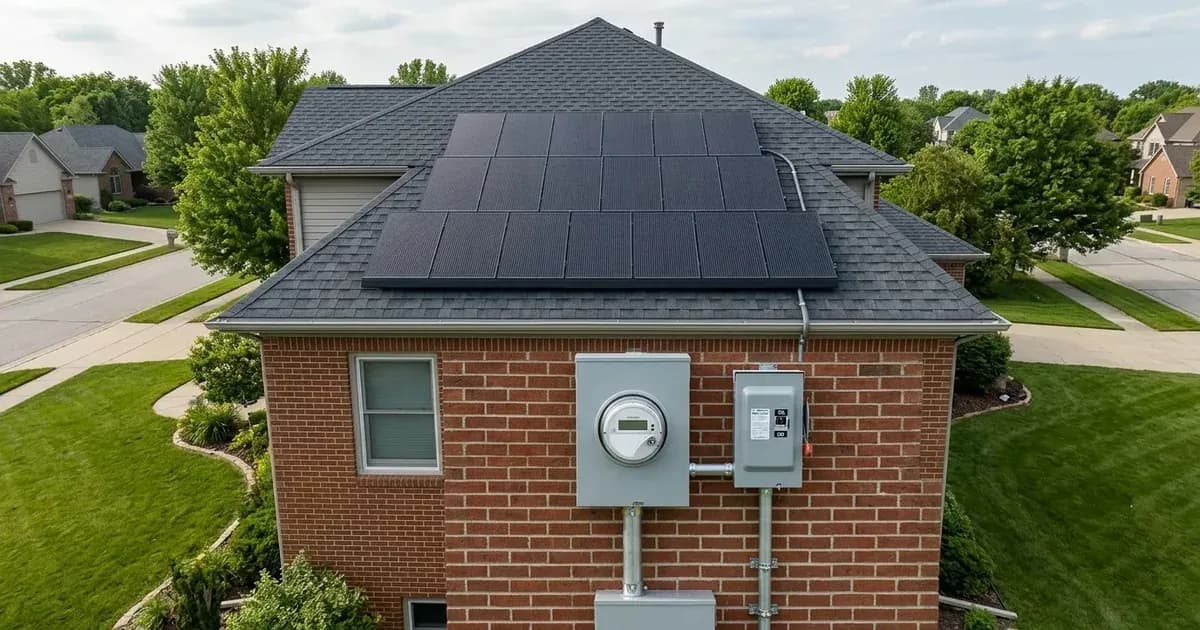 Residential rooftop solar array with electric utility smart meter and disconnect on an American home — SolarNevs spec card