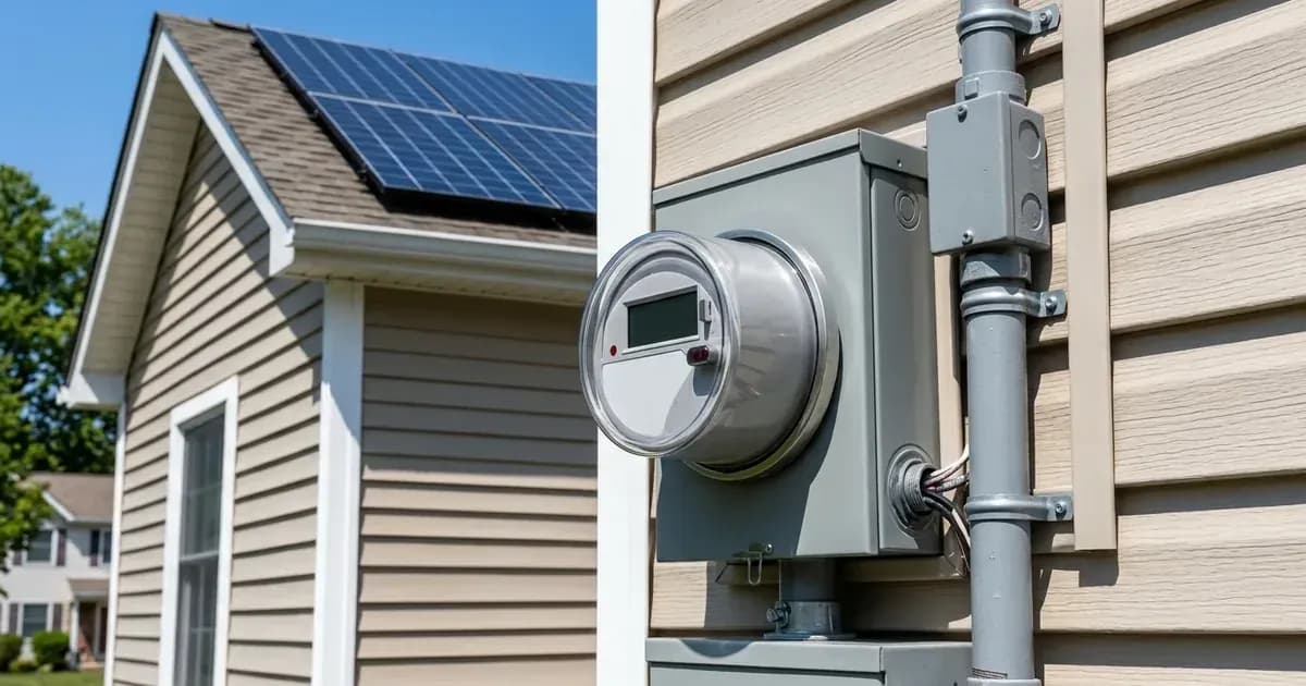 Outdoor digital utility electric smart meter on home siding with rooftop solar panels in background — SolarNevs spec card