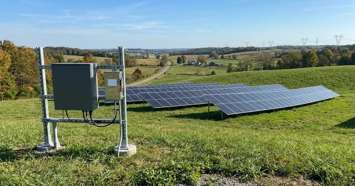 Ground-mounted solar panel array and electrical balance-of-system equipment on a rural Alabama hillside — SolarNevs spec card