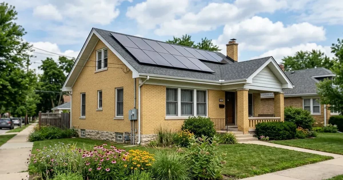 Chicago yellow brick bungalow with rooftop solar panels and summer garden landscaping — SolarNevs spec card