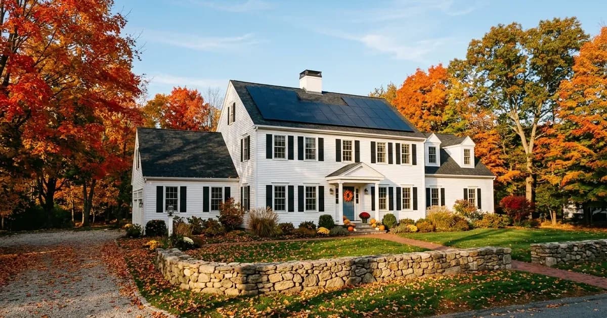 New England colonial home with rooftop solar panels surrounded by autumn foliage in Massachusetts — SolarNevs spec card