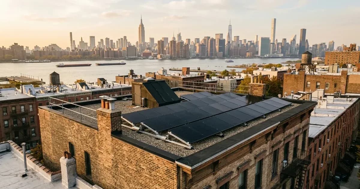 Rooftop solar panels on a Brooklyn brownstone with the Manhattan skyline in hazy autumn daylight — SolarNevs spec card