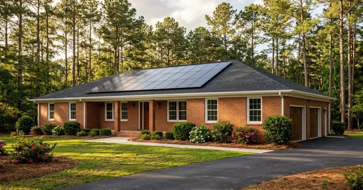 Brick ranch house in North Carolina with rooftop solar panels and longleaf pines in background — SolarNevs spec card