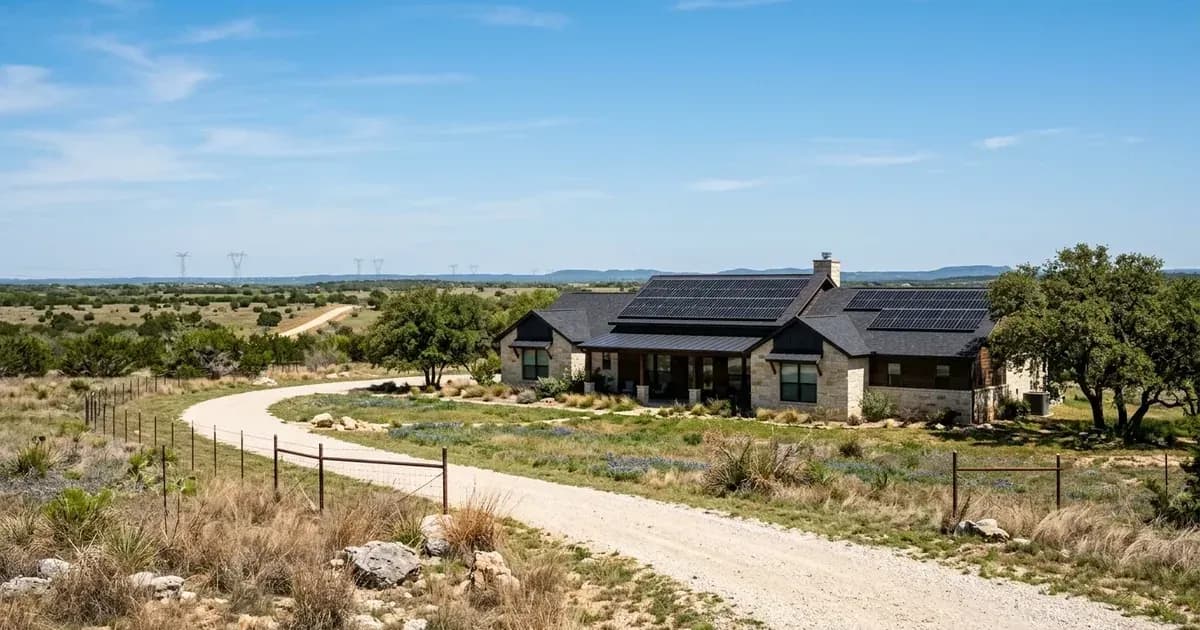 Modern Texas ranch home with rooftop solar panels under a vast clear sky with distant transmission towers — SolarNevs spec card