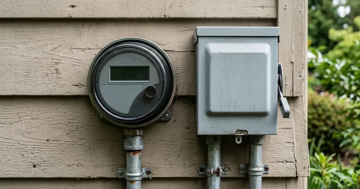 Residential outdoor electric net utility meter with blank screen and solar disconnect box — SolarNevs spec card