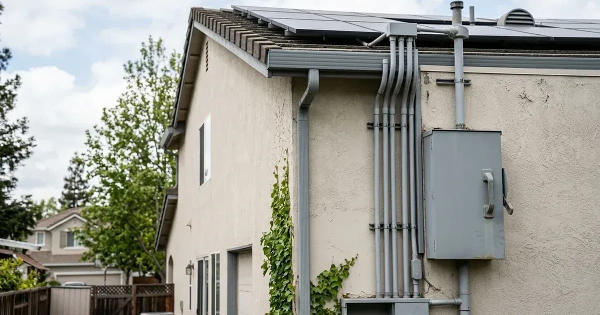 Exterior solar electrical disconnect enclosure and conduit leading to rooftop panels on residential exterior — SolarNevs spec card