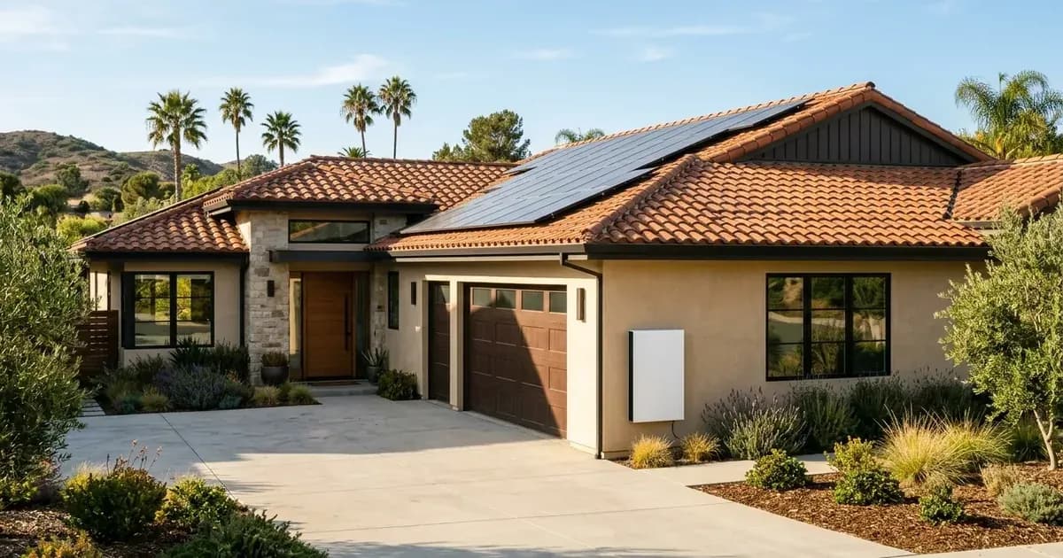California home with rooftop solar panels on tile roof and wall-mounted energy storage battery — SolarNevs spec card