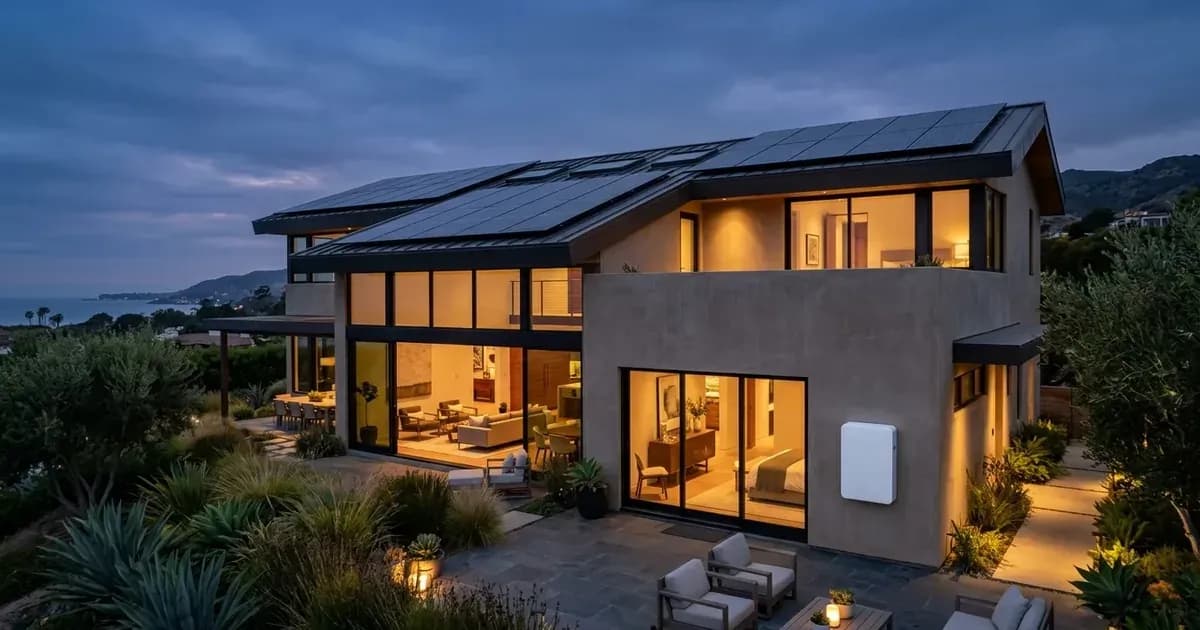 Modern California home at dusk with rooftop solar panels, warm interior lighting, and home battery unit — SolarNevs spec card
