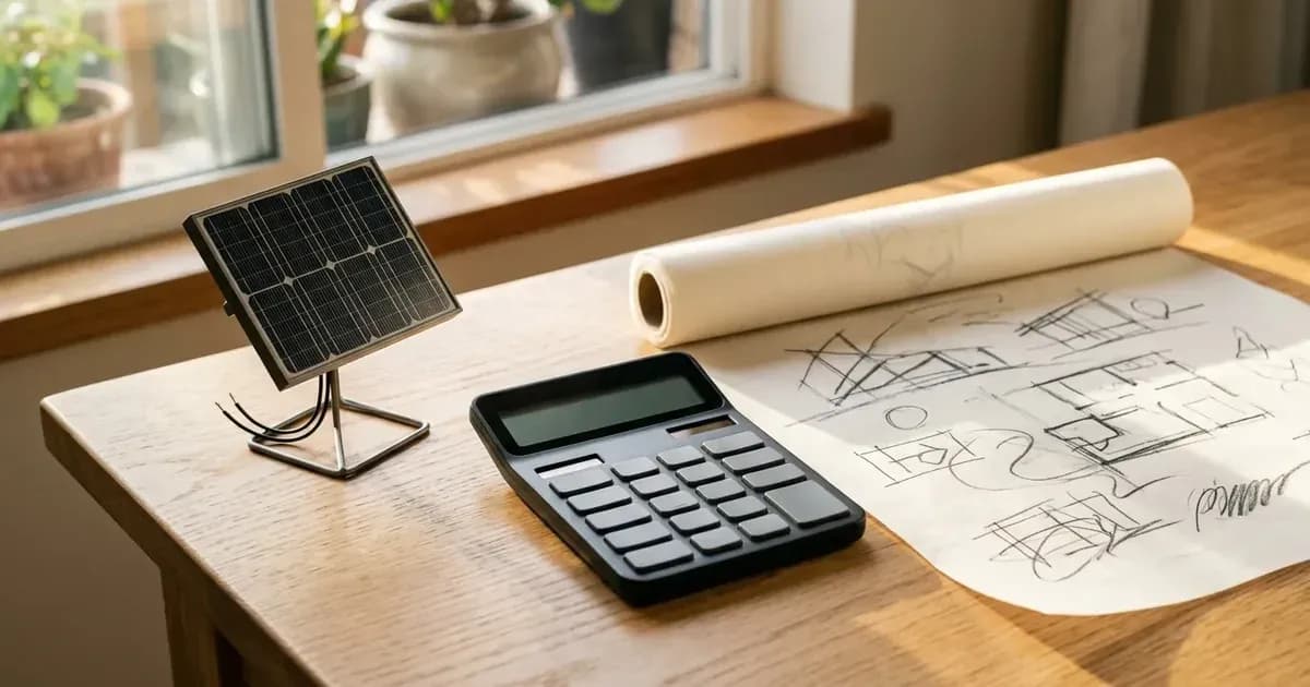 Architectural desk with miniature model solar panel, calculator with blank screen, and layout drawings — SolarNevs spec card