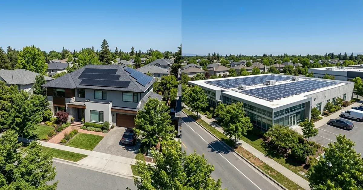 Residential rooftop solar array next to a commercial building flat-roof solar array under blue sky — SolarNevs spec card