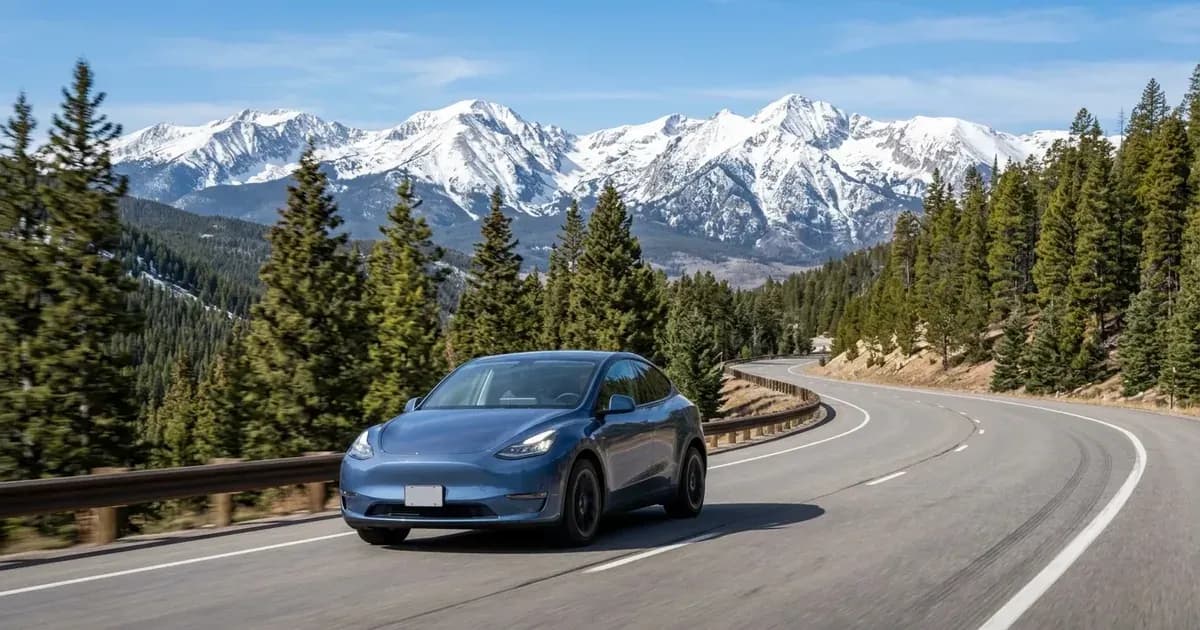 Electric SUV driving along a mountain highway in Colorado with snow-capped Rocky Mountains in background — SolarNevs spec card