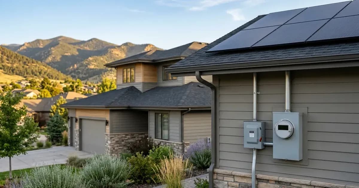 Residential solar array on Colorado home with exterior smart meter connection and Rocky Mountain foothills — SolarNevs spec card