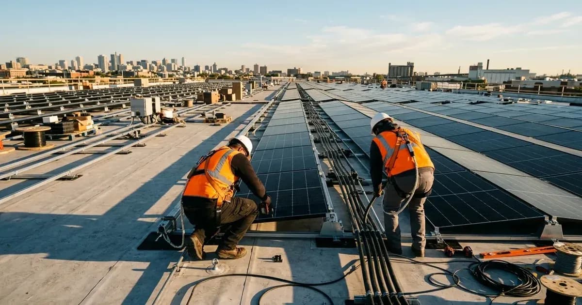 Installation crew mounting commercial solar panels and conduit on a warehouse rooftop at sunrise. — SolarNevs spec card