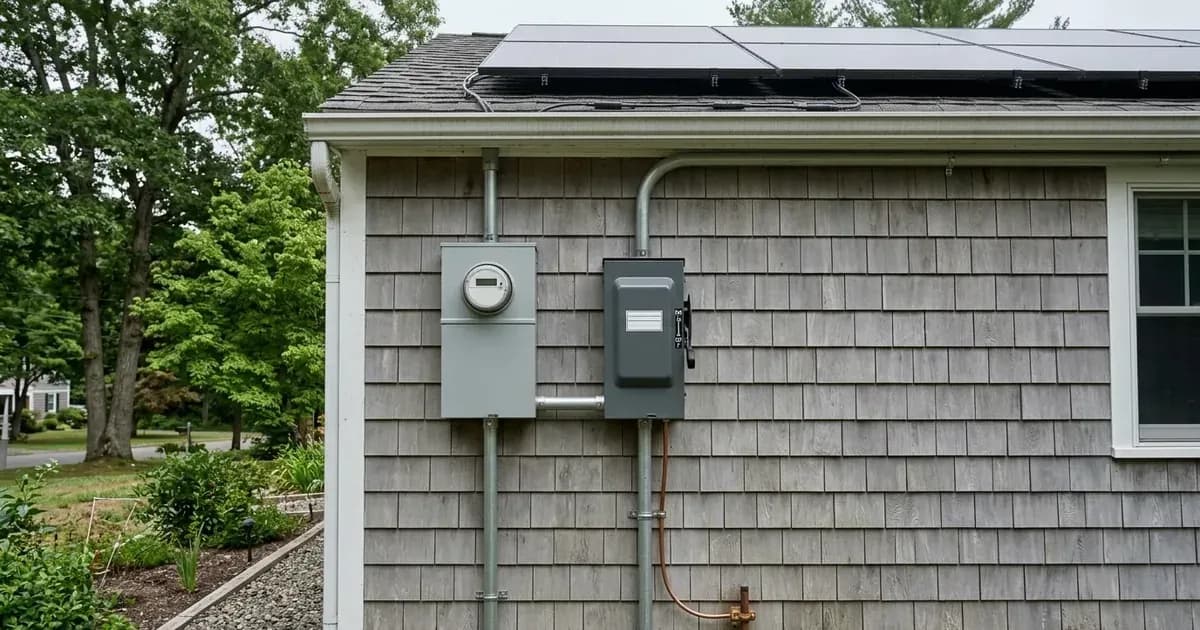 Outdoor utility meter and solar AC disconnect switch installed on cedar shingle siding in Connecticut. — SolarNevs spec card