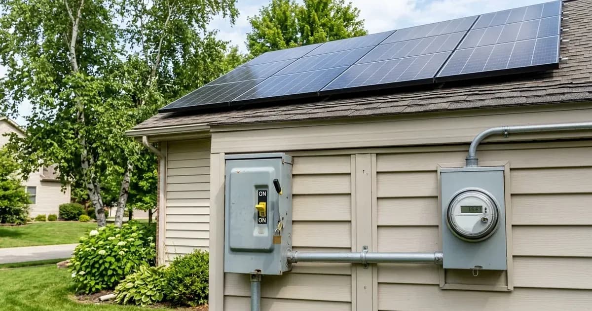 Outdoor AC disconnect safety switch and utility meter on a Michigan home with rooftop solar panels. — SolarNevs spec card