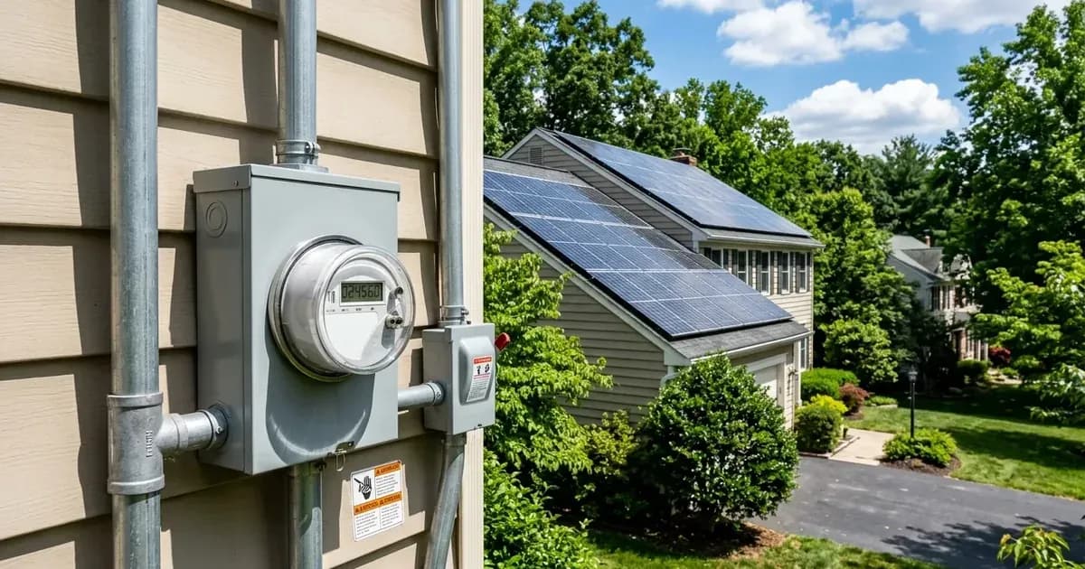 Outdoor residential utility meter enclosure on a Maryland home equipped with rooftop solar panels. — SolarNevs spec card