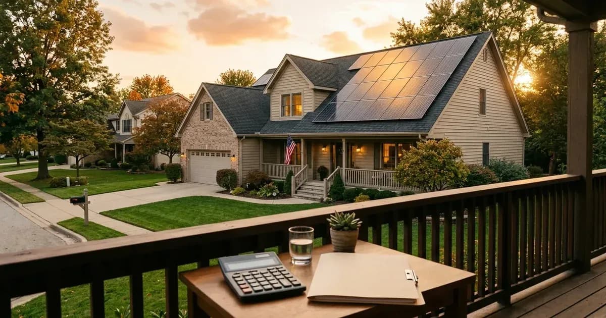 Suburban home with rooftop solar panels at golden hour, viewed from a porch with a calculator. — SolarNevs spec card