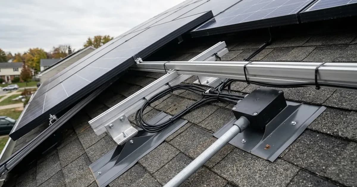 Residential rooftop solar panel array with aluminum mounting hardware, junction box, and conduit on asphalt shingles. — SolarNevs spec card