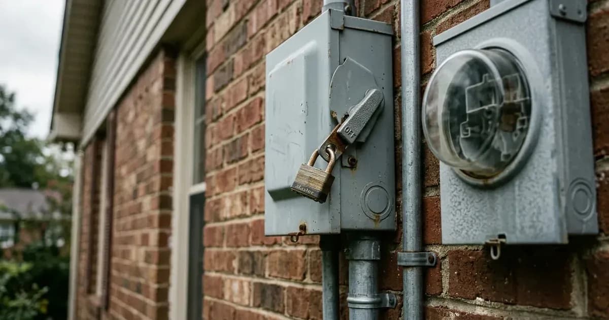 Outdoor metal AC disconnect switch with a padlock and electrical conduit on a brick residential exterior. — SolarNevs spec card