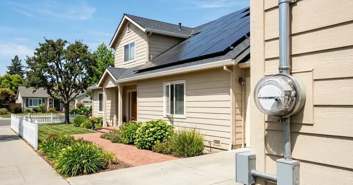 Suburban home with rooftop solar panels on asphalt shingles and an outdoor utility meter under a clear blue sky. — SolarNevs spec card