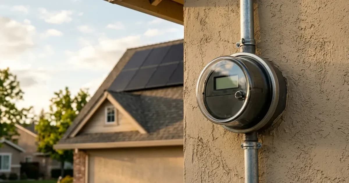 Digital electric smart meter with blank screen mounted on house exterior with solar roof in the background. — SolarNevs spec card