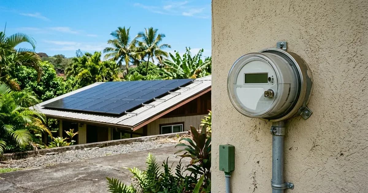 Digital electric meter box and rooftop solar panels on a Hawaiian home under sunny tropical skies. — SolarNevs spec card