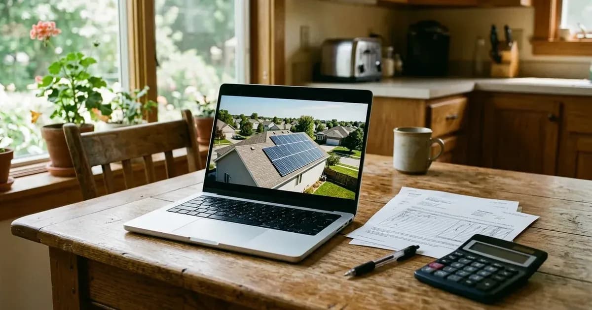 Laptop displaying a rooftop solar installation alongside paperwork, calculator, and pen on a kitchen table. — SolarNevs spec card