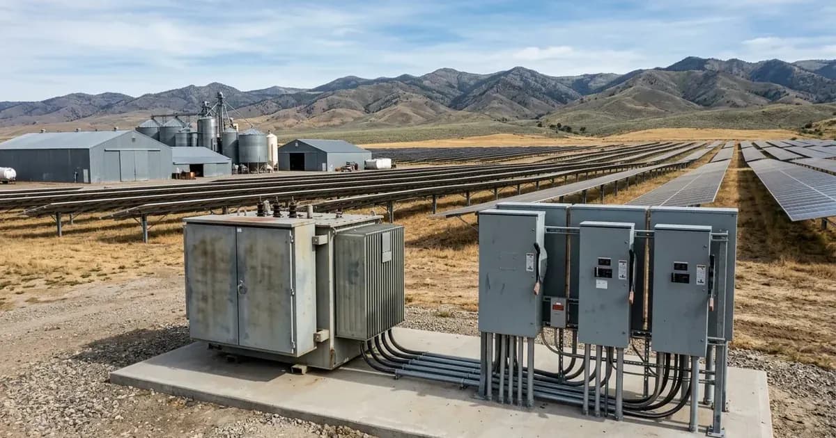 Commercial solar array and outdoor three-phase electrical switchgear with Idaho foothills in the background. — SolarNevs spec card