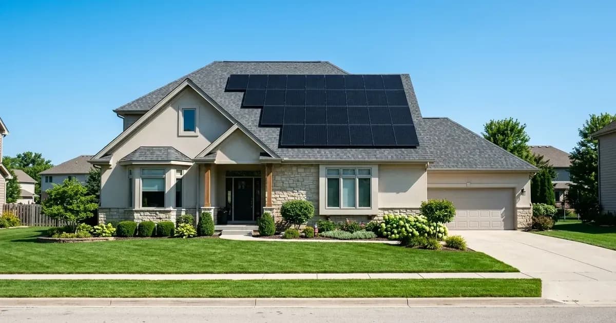 Modern residential solar panels on a suburban home roof in Illinois under a clear blue sky. — SolarNevs spec card