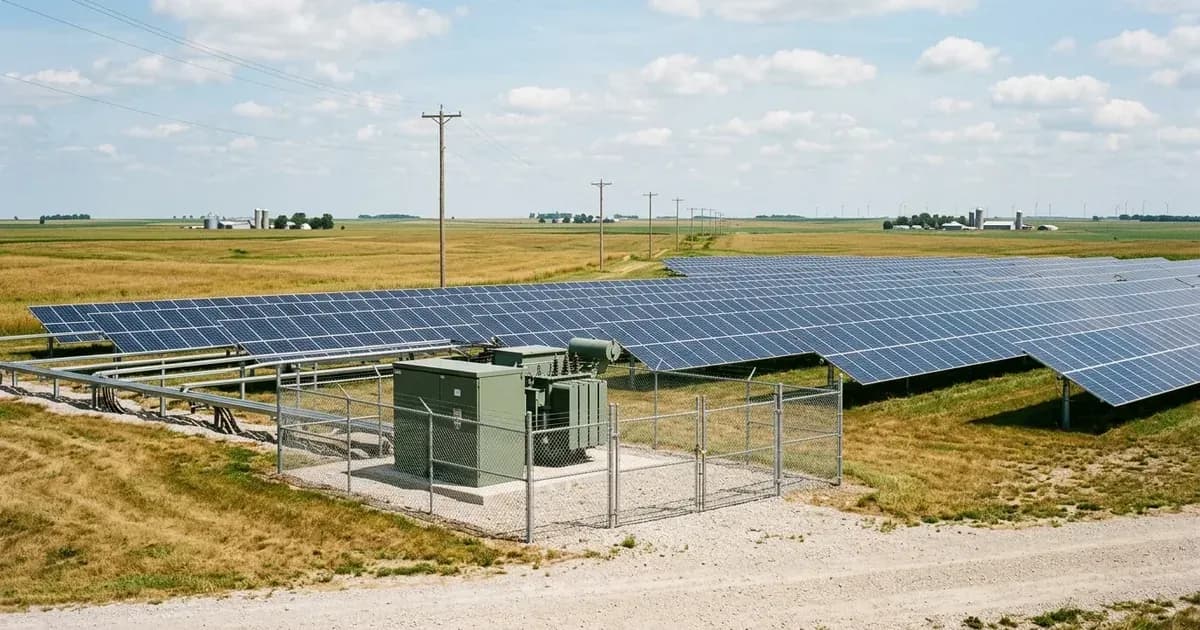 Large commercial ground-mount solar array and utility transformer station in rural Iowa. — SolarNevs spec card