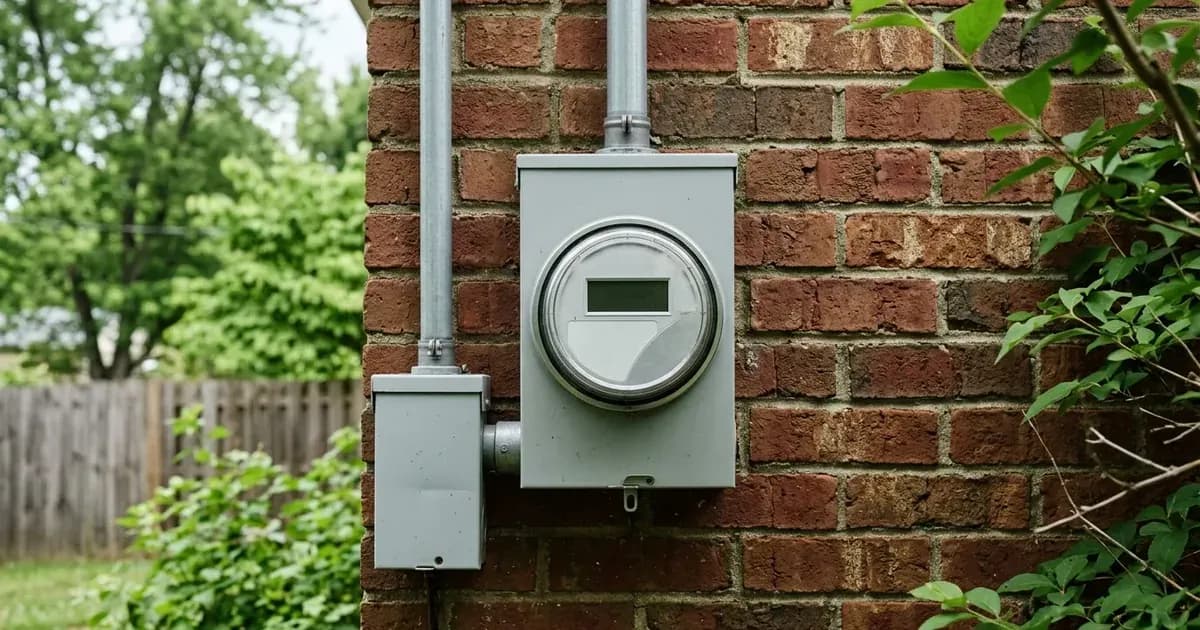 Outdoor digital smart meter and electrical conduit mounted on brick siding of a residential home. — SolarNevs spec card