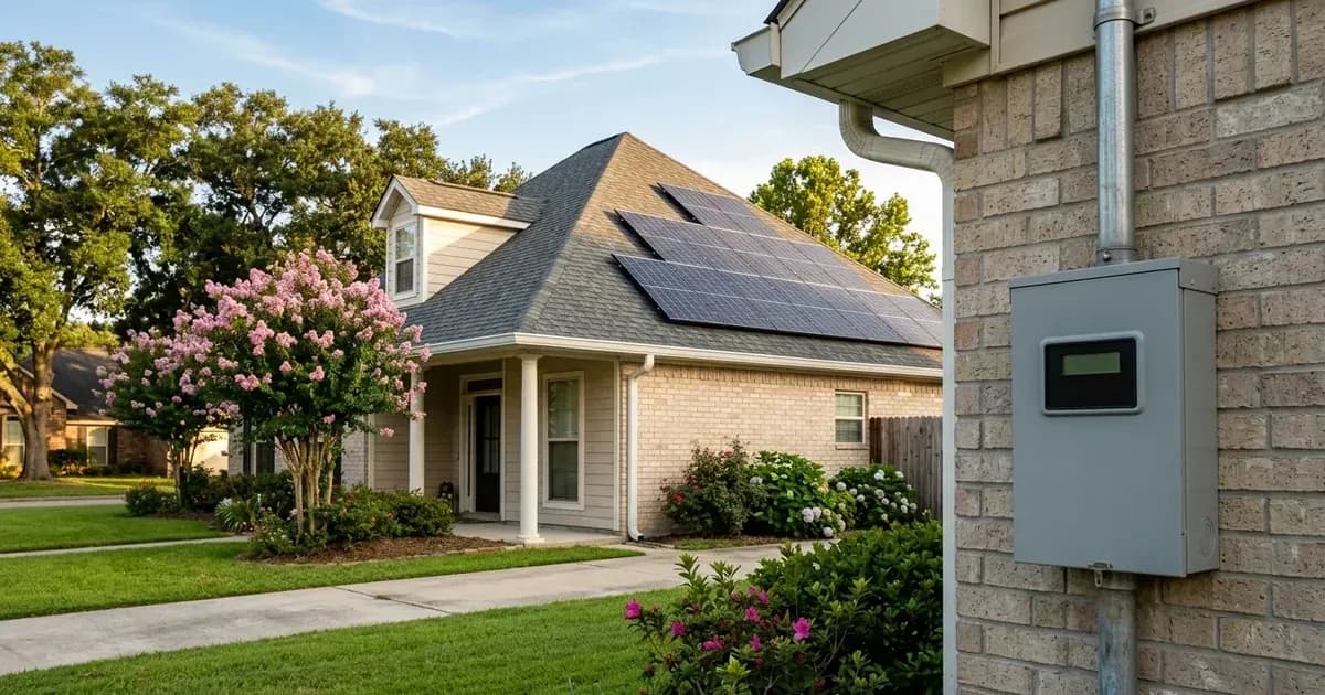 Suburban Louisiana home with rooftop solar panels and utility service enclosure in foreground. — SolarNevs spec card